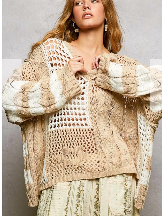 POL Sweaters - POL Open-Knit V-Neck Sweater in Beige and Cream